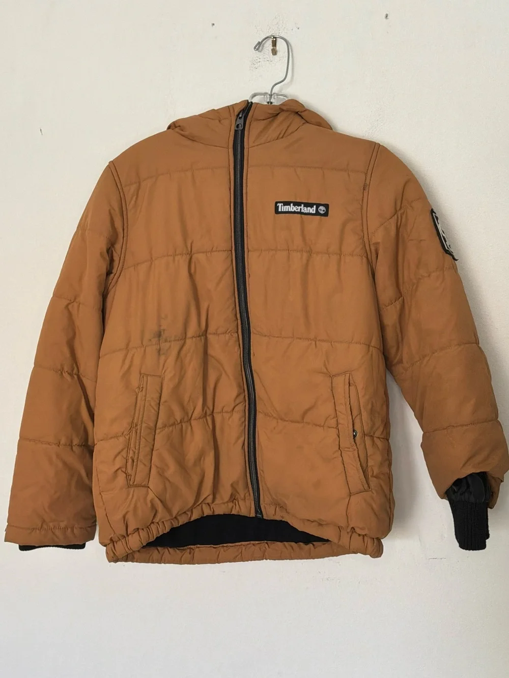 Timberland Youth Hooded Puffer Jacket | Brown Insulated Coat | Size Medium 10/12